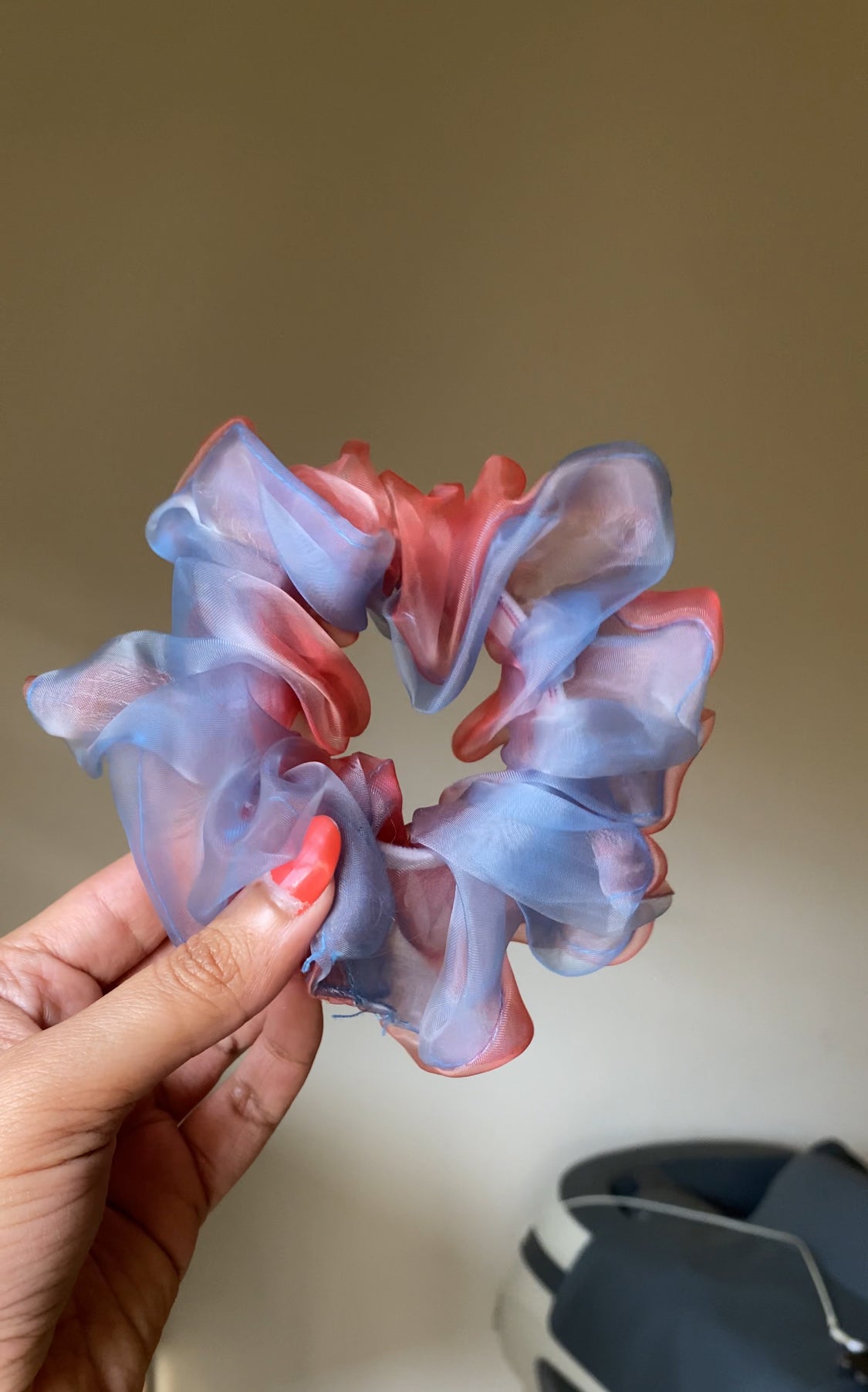 RED AND BLUE ORGANZA SCRUNCHIE