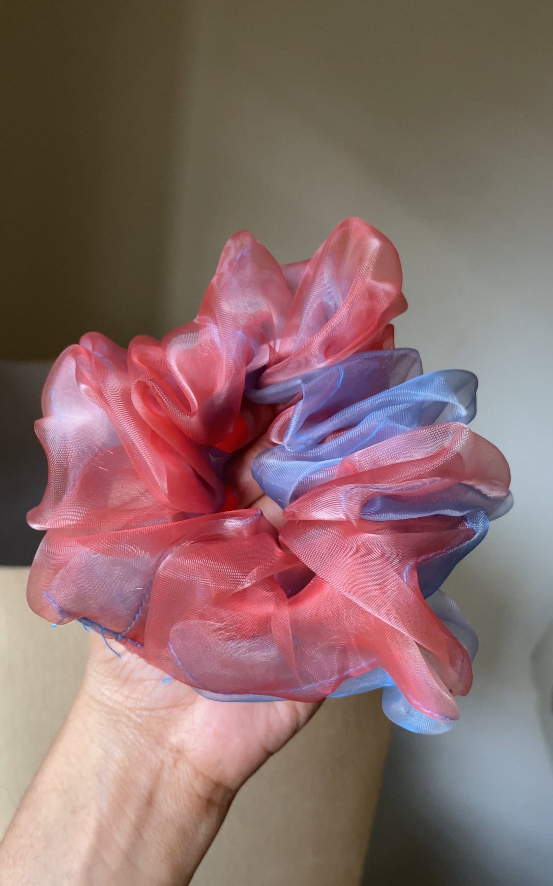 RED AND BLUE ORGANZA SCRUNCHIE