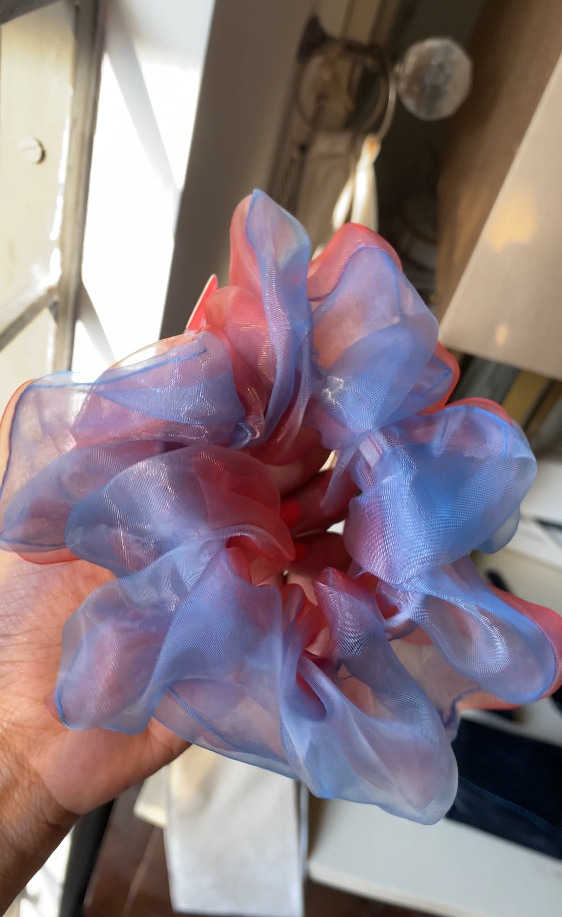 RED AND BLUE ORGANZA SCRUNCHIE