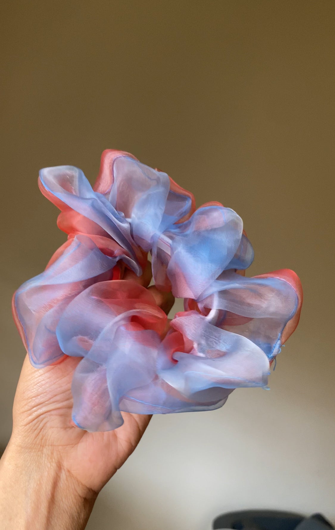 RED AND BLUE ORGANZA SCRUNCHIE