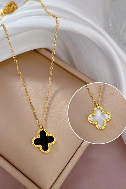 TWO IN ONE CLOVER NECKLACE WITH ONE SIDE BLACK AND ONE WHITE